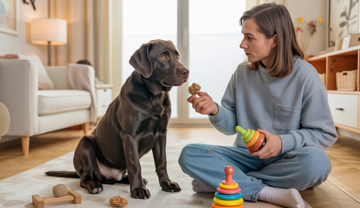 Un chiot apprend à obéir assis à son propriétaire dans un salon lumineux avec des jouets et friandises autour