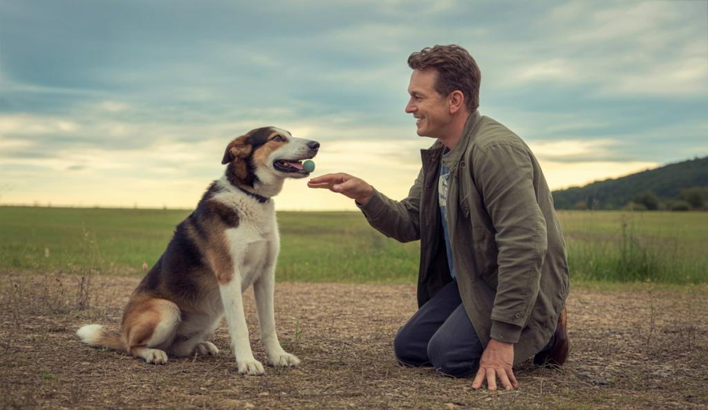 Un chien apprenant à fetch avec son maître, transmettant complicité et obéissance.