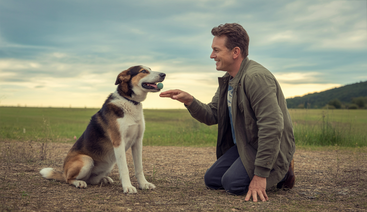 Un chien apprenant à fetch avec son maître, transmettant complicité et obéissance.