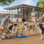 Un refuge canin moderne en 2025 montrant des chiens en réhabilitation grâce à des jeux adaptés, avec du personnel soignant et des installations bien entretenues symbolisant la gestion financière rigoureuse.