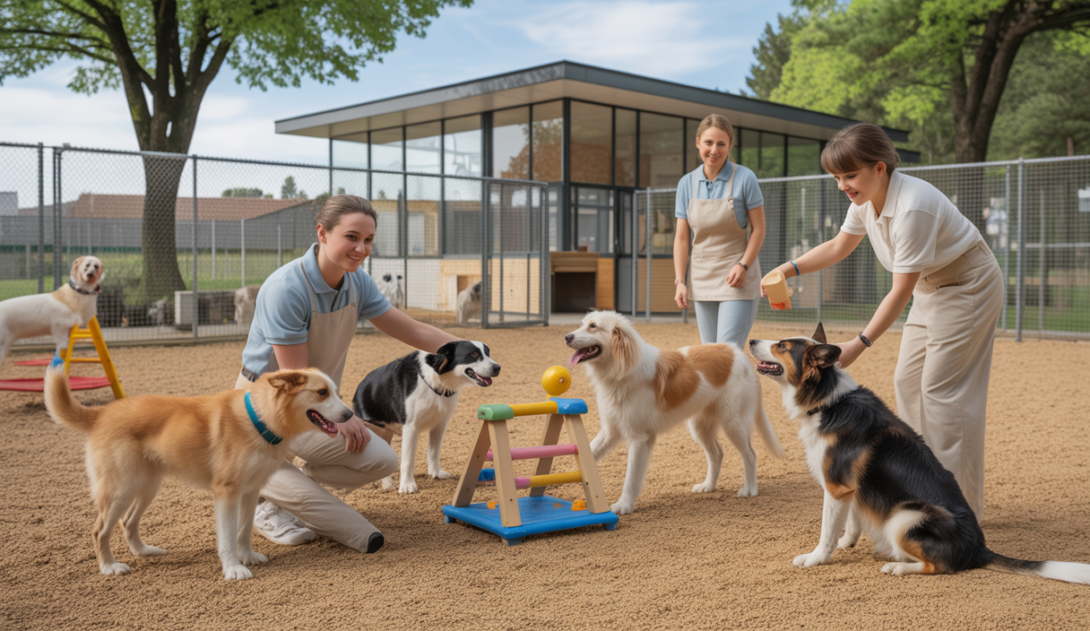 Un refuge canin moderne en 2025 montrant des chiens en réhabilitation grâce à des jeux adaptés, avec du personnel soignant et des installations bien entretenues symbolisant la gestion financière rigoureuse.