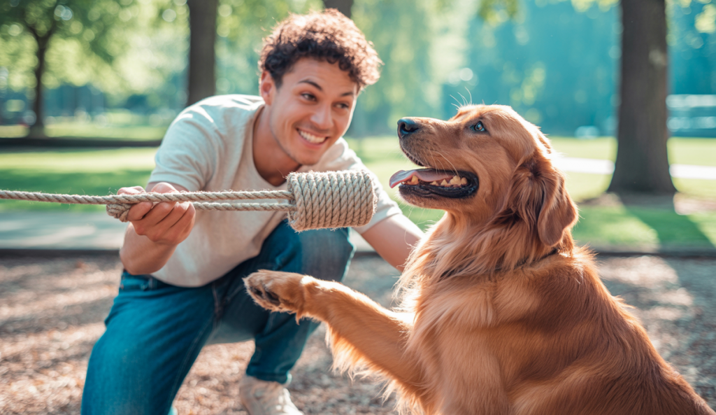 Un chien et son propriétaire jouant au tir à la corde