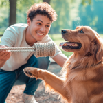 Un chien et son propriétaire jouant au tir à la corde