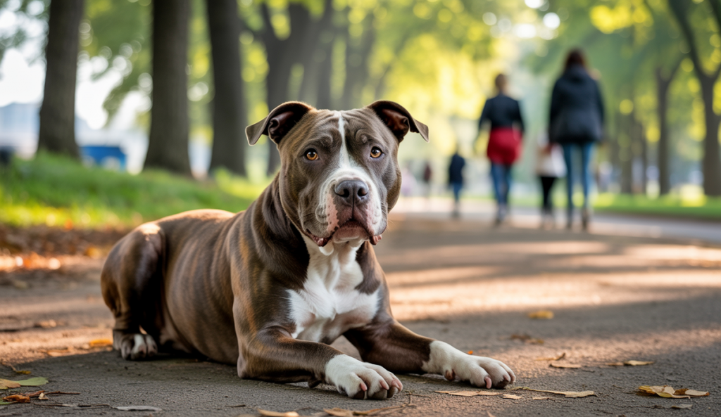 Un Pit Bull Terrier assis fièrement dans un parc ensoleillé, dégageant force et amitié.