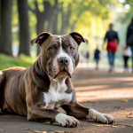 Un Pit Bull Terrier assis fièrement dans un parc ensoleillé, dégageant force et amitié.