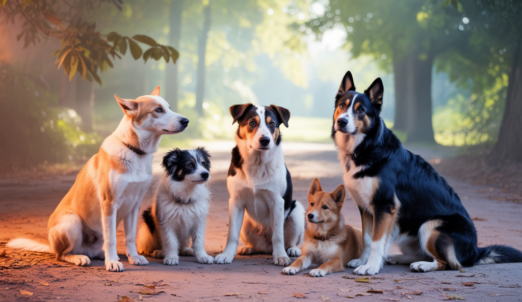 Cinq chiens expressifs illustrant des caractéristiques comportementales complexes