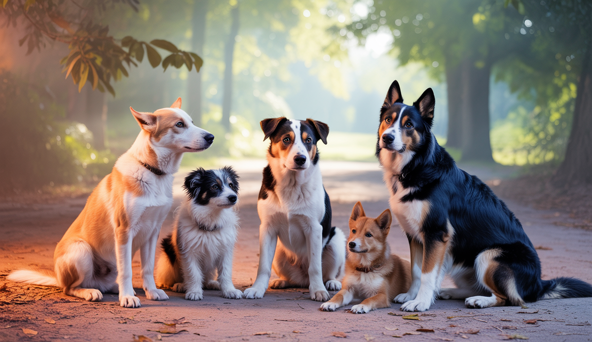 Cinq chiens expressifs illustrant des caractéristiques comportementales complexes