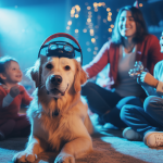 Chien prêt pour le 4 juillet entouré de feux d'artifice et de famille