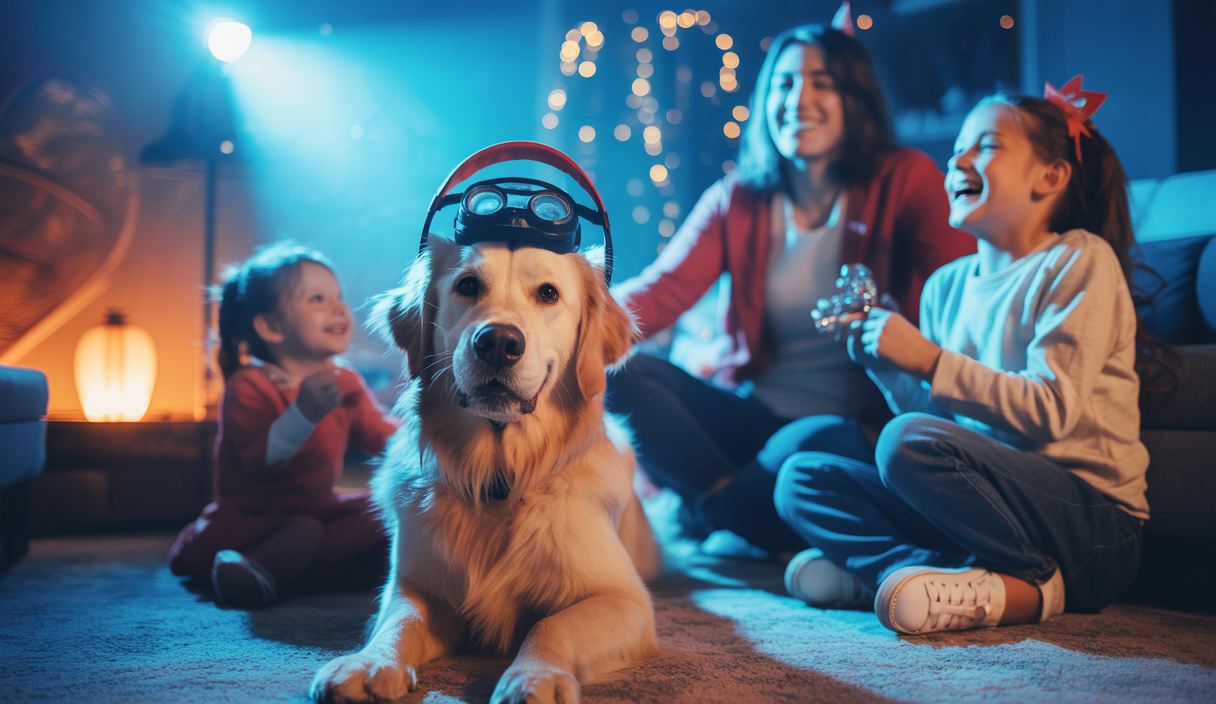 Chien prêt pour le 4 juillet entouré de feux d'artifice et de famille