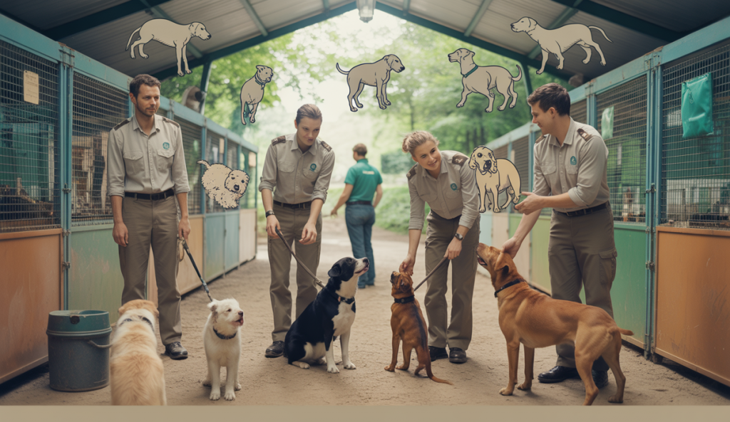 Scène immersive d'un refuge animalier avec des agents dévoués et des chiens en réhabilitation