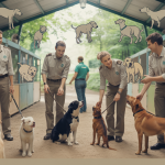 Scène immersive d'un refuge animalier avec des agents dévoués et des chiens en réhabilitation