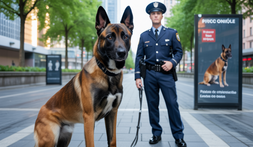Chien malinois vigilant avec son maître cynophile dans un parc urbain sécurisé, illustrant la sécurité canine et la prévention des agressions en 2025
