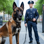 Chien malinois vigilant avec son maître cynophile dans un parc urbain sécurisé, illustrant la sécurité canine et la prévention des agressions en 2025