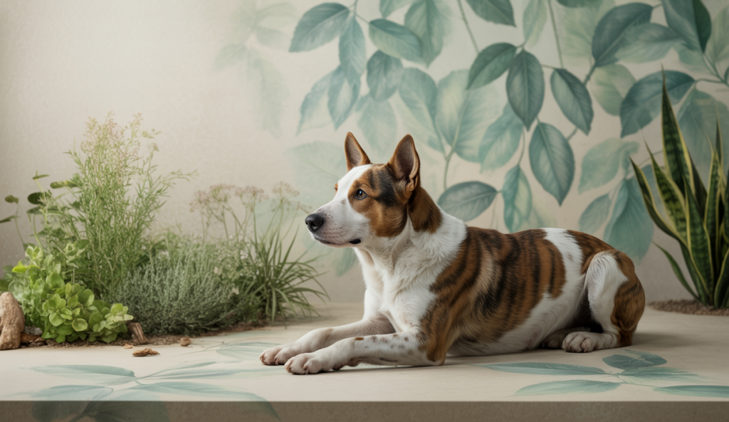 Chien calme et serein entouré d'un environnement apaisant.