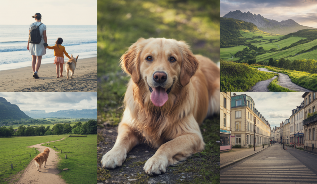 Famille heureuse voyageant avec leur chien dans des paysages naturels accueillants et dog-friendly, incluant montagnes, plages et villes pittoresques en 2025