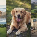 Famille heureuse voyageant avec leur chien dans des paysages naturels accueillants et dog-friendly, incluant montagnes, plages et villes pittoresques en 2025