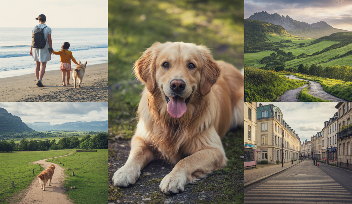 Famille heureuse voyageant avec leur chien dans des paysages naturels accueillants et dog-friendly, incluant montagnes, plages et villes pittoresques en 2025