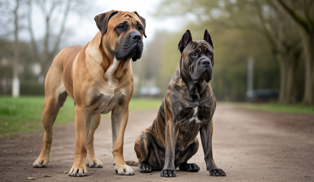 Comparaison détaillée des chiens Boerboel et Cane Corso montrant leurs différences physiques, tempéraments et aptitudes en contexte naturel