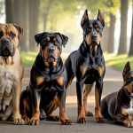 Portraits détaillés de Boerboel, Rottweiler, Doberman et Pitbull illustrant leurs traits comportementaux distincts