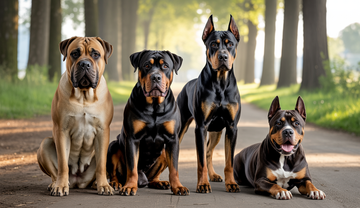 Portraits détaillés de Boerboel, Rottweiler, Doberman et Pitbull illustrant leurs traits comportementaux distincts