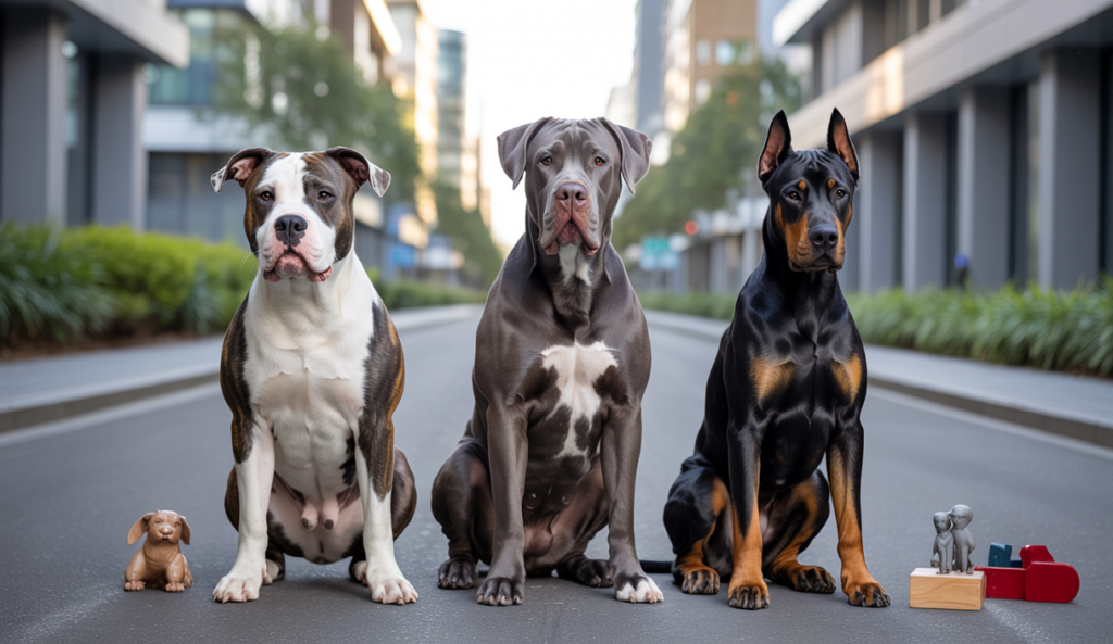 Portraits détaillés de chiens Pit Bull, Cane Corso et Doberman dans un cadre urbain d’éducation canine, illustrant la complémentarité entre génétique et éducation