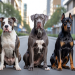 Portraits détaillés de chiens Pit Bull, Cane Corso et Doberman dans un cadre urbain d’éducation canine, illustrant la complémentarité entre génétique et éducation