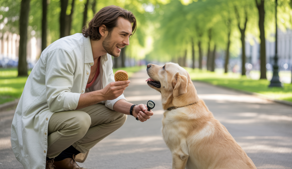Un maître et son chien engagés dans une séance de dressage basée sur le renforcement positif, montrant une interaction joyeuse et motivante dans un parc lumineux