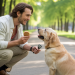 Un maître et son chien engagés dans une séance de dressage basée sur le renforcement positif, montrant une interaction joyeuse et motivante dans un parc lumineux