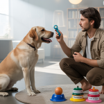 Chien heureux jouant à des jeux éducatifs à la maison avec son propriétaire en train d’appliquer des méthodes d’éducation canine douces et modernes