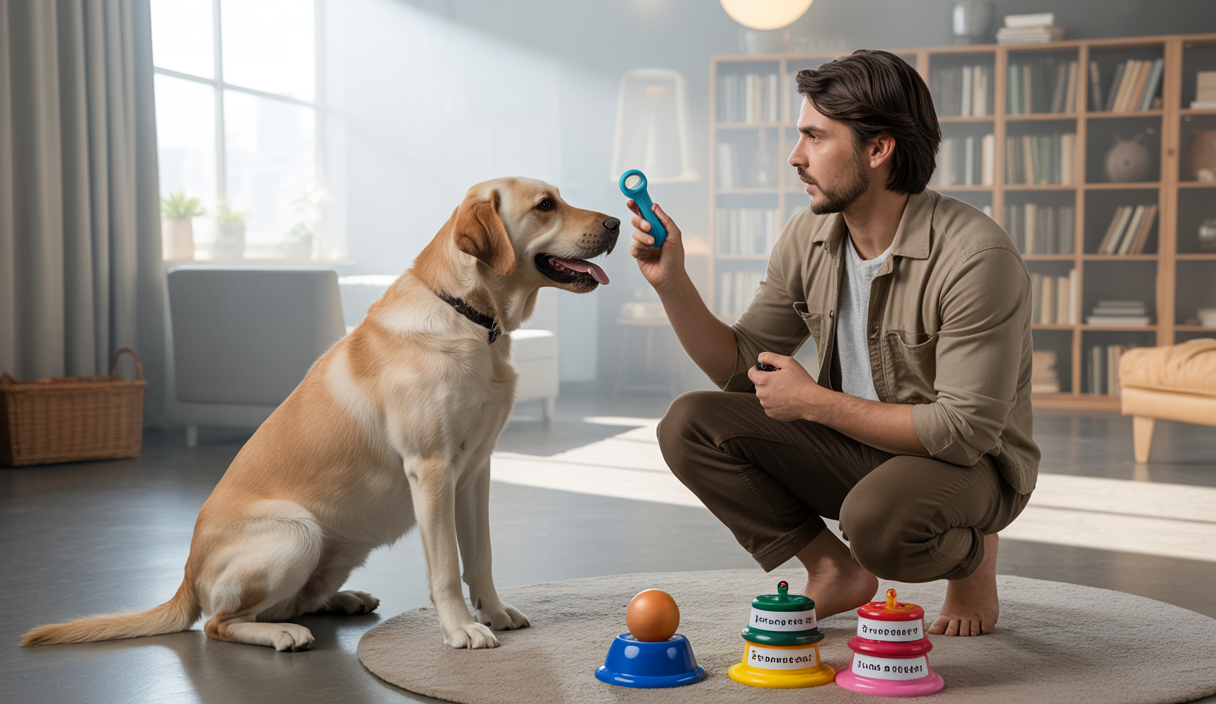 Chien heureux jouant à des jeux éducatifs à la maison avec son propriétaire en train d’appliquer des méthodes d’éducation canine douces et modernes