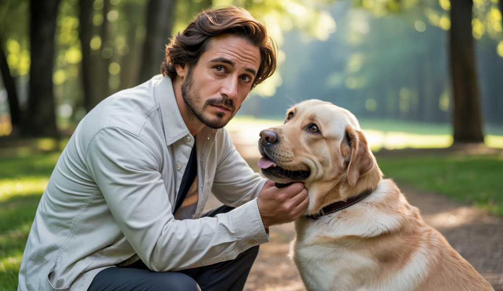 Un maître interagissant avec son chien lors d'une séance d'éducation canine moderne basée sur le renforcement positif et l'empathie dans un parc lumineux et apaisant
