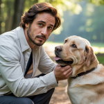 Un maître interagissant avec son chien lors d'une séance d'éducation canine moderne basée sur le renforcement positif et l'empathie dans un parc lumineux et apaisant