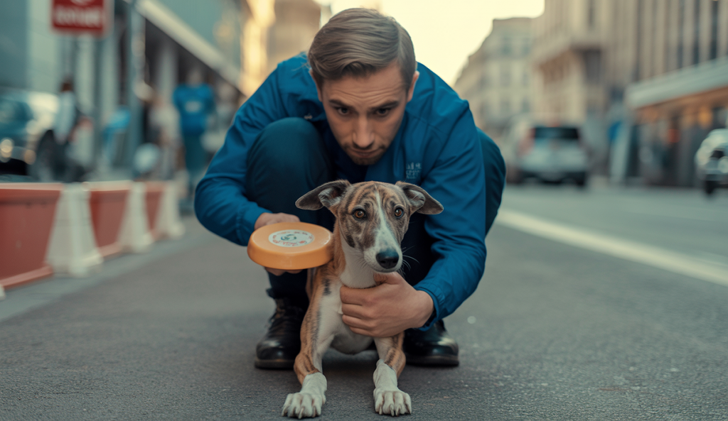 Chien en plein entraînement à la méthode Emergency U-Turn, avec un dresseur guidant le chien à effectuer un demi-tour d'urgence en promenade urbaine sécurisée
