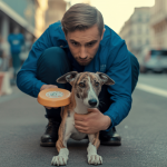 Chien en plein entraînement à la méthode Emergency U-Turn, avec un dresseur guidant le chien à effectuer un demi-tour d'urgence en promenade urbaine sécurisée
