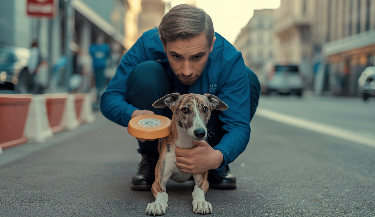 Chien en plein entraînement à la méthode Emergency U-Turn, avec un dresseur guidant le chien à effectuer un demi-tour d'urgence en promenade urbaine sécurisée