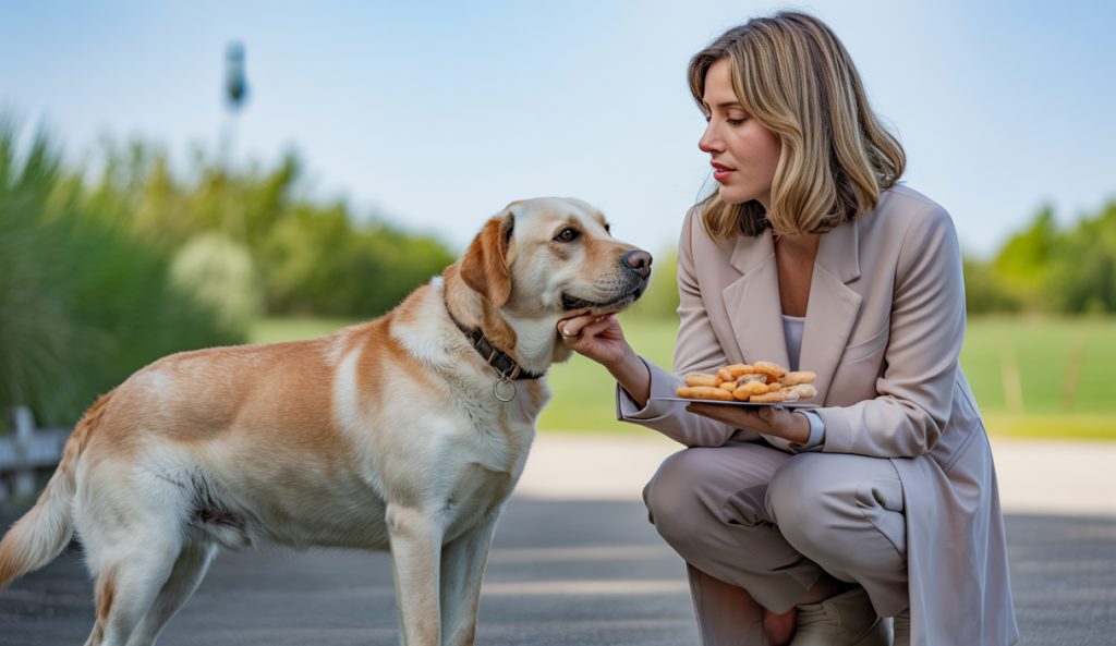 Chien calme avec sa maîtresse lors d'une séance d'éducation canine empathique en extérieur, illustrant la désensibilisation des peurs et la gestion de l'agressivité par renforcement positif