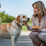 Chien calme avec sa maîtresse lors d'une séance d'éducation canine empathique en extérieur, illustrant la désensibilisation des peurs et la gestion de l'agressivité par renforcement positif