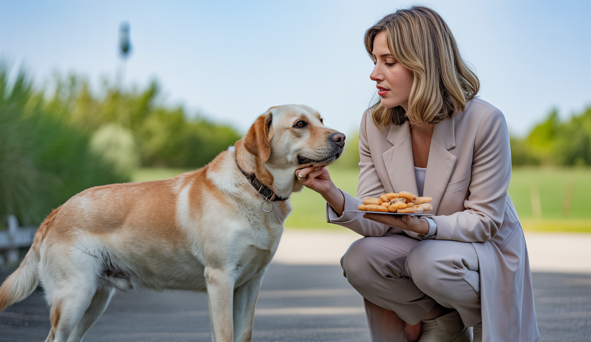 Chien calme avec sa maîtresse lors d'une séance d'éducation canine empathique en extérieur, illustrant la désensibilisation des peurs et la gestion de l'agressivité par renforcement positif