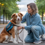 Un chien calme entouré de son propriétaire utilisant des techniques douces de gestion de l’anxiété et de l’agressivité canine dans un environnement serein