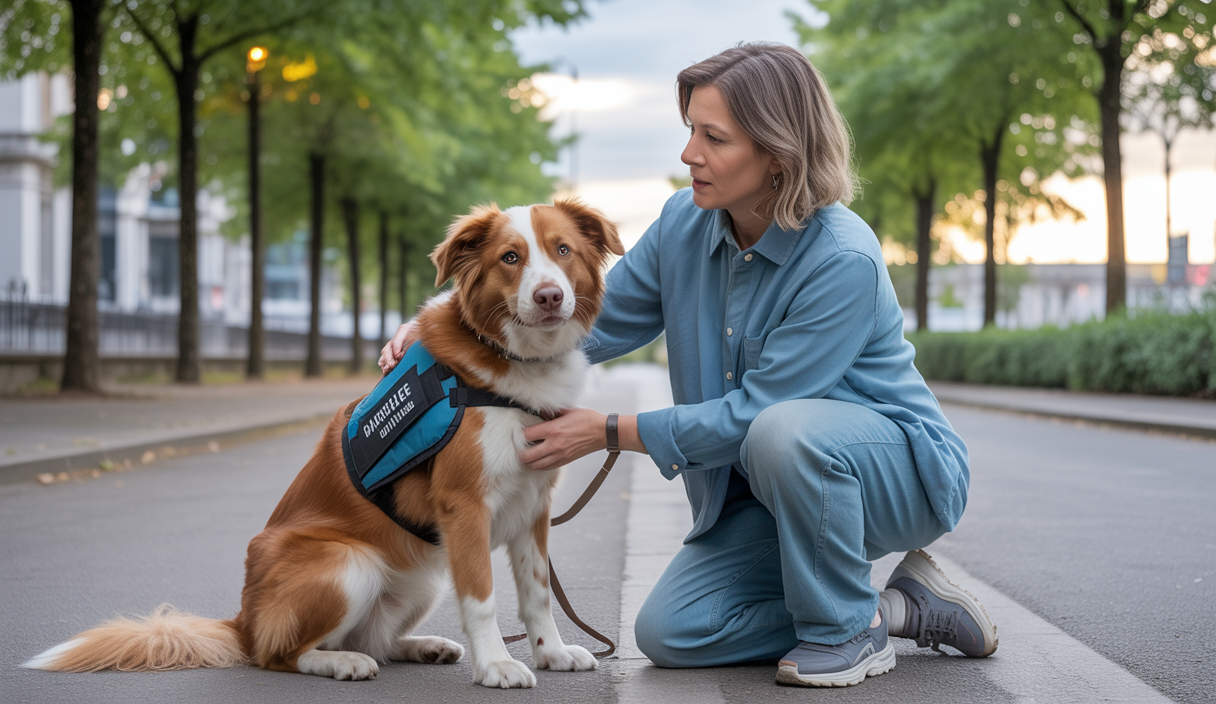 Un chien calme entouré de son propriétaire utilisant des techniques douces de gestion de l’anxiété et de l’agressivité canine dans un environnement serein