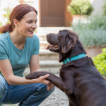 Maître et chien dans un jardin ensoleillé, partageant un moment de complicité et de renforcement positif, illustrant le leadership bienveillant et la confiance mutuelle.