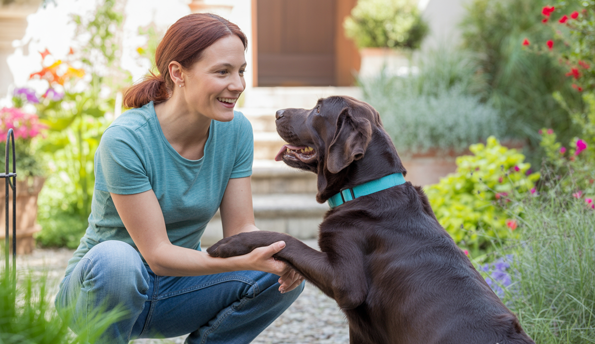 Maître et chien dans un jardin ensoleillé, partageant un moment de complicité et de renforcement positif, illustrant le leadership bienveillant et la confiance mutuelle.