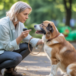 Illustration représentant un éducateur canin utilisant des méthodes modernes basées sur la science pour améliorer la relation homme-chien, avec un chien attentif et serein dans un environnement lumineux et naturel.
