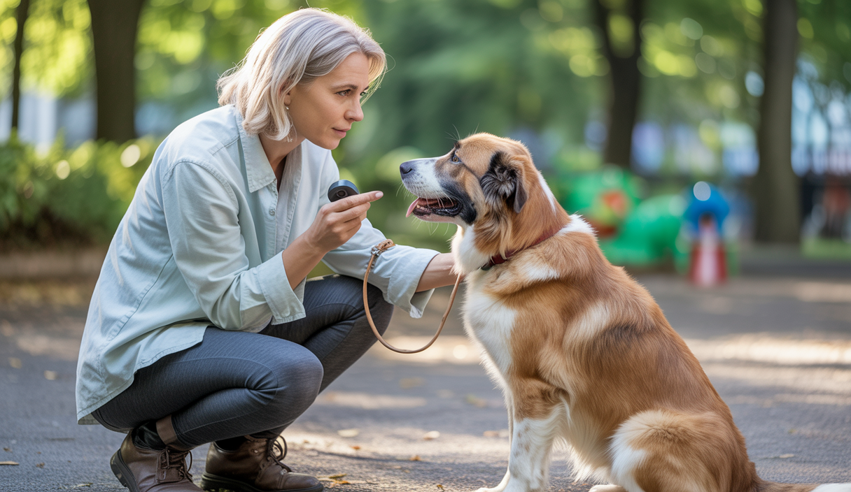 Illustration représentant un éducateur canin utilisant des méthodes modernes basées sur la science pour améliorer la relation homme-chien, avec un chien attentif et serein dans un environnement lumineux et naturel.