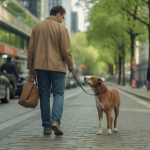 Un chien calme en promenade urbaine grâce au dressage adapté