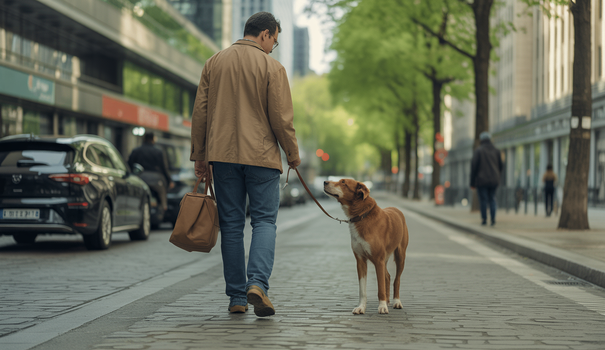 Un chien calme en promenade urbaine grâce au dressage adapté