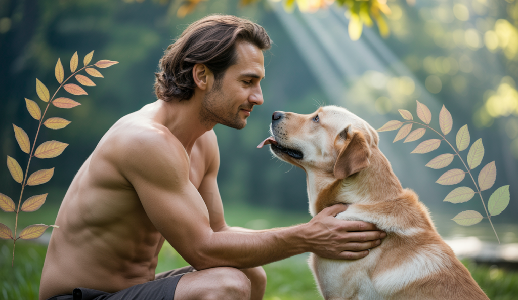 Homme méditant en harmonie avec son chien, symbolisant une relation de croissance personnelle et d’éducation canine holistique