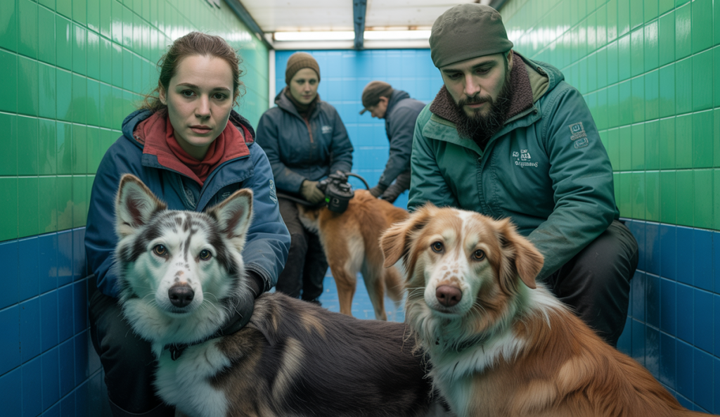 Image de chiens en situation de sauvetage avec équipe de secouristes, mettant en avant la compassion et les méthodes innovantes