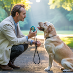 Une scène illustrant un maître dressant un chien avec des techniques de renforcement positif dans un parc lumineux et verdoyant