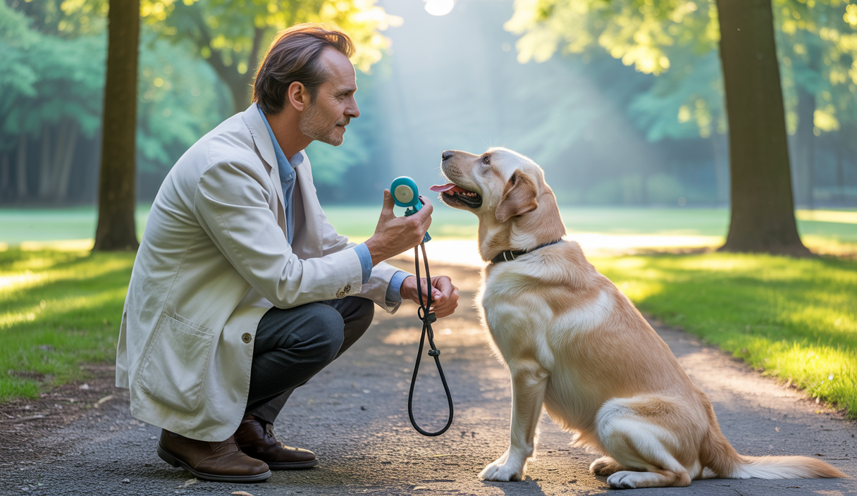 Une scène illustrant un maître dressant un chien avec des techniques de renforcement positif dans un parc lumineux et verdoyant